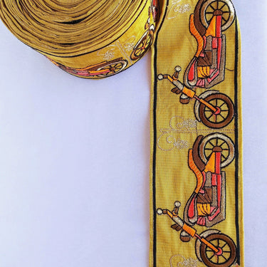 Beige Fabric trim with Embroidered Motor Bikes - Brown, Orange, Light Gold & Pink
